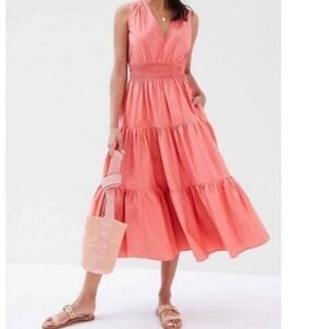 Maeve by Anthropologie Coral Tiered Smocked V Neck Midi Dress Size 14